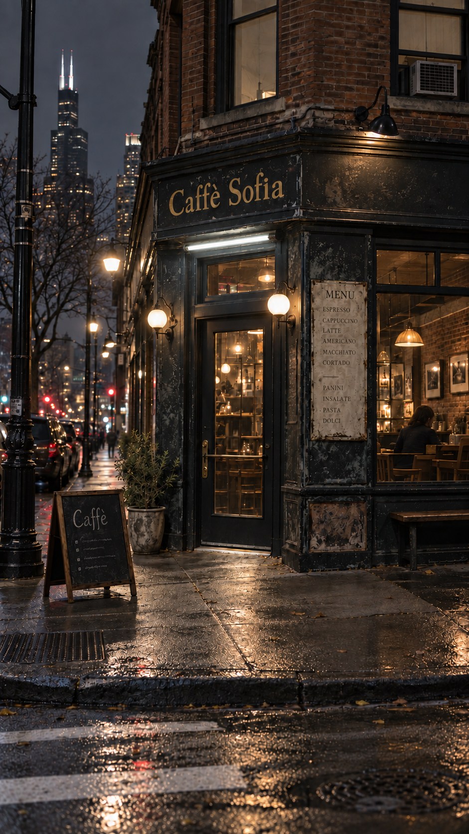 Das alte Caffè Sofia bei Nacht, mit Neonlicht über dem Eingang und warmem Licht im Inneren.